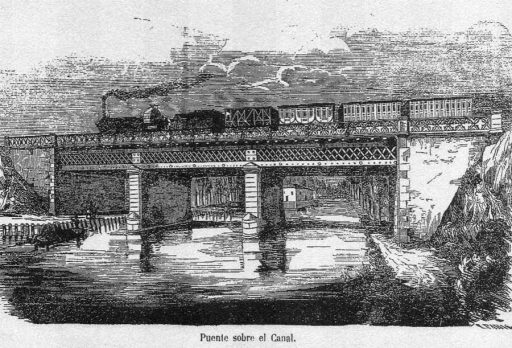 Grabado del tren Madrid - Aranjuez pasando por el puente del Canal.