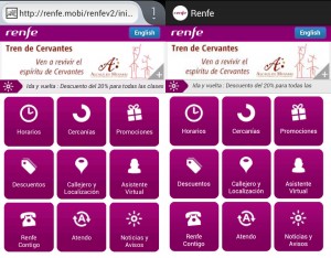 Páginas principales de Renfe.mobi (izquierda) y de la aplicación (derecha).