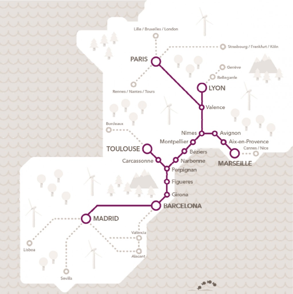 Mapa de las nuevas rutas de alta velocidad de Renfe y SNCF. Imagen © Renfe.