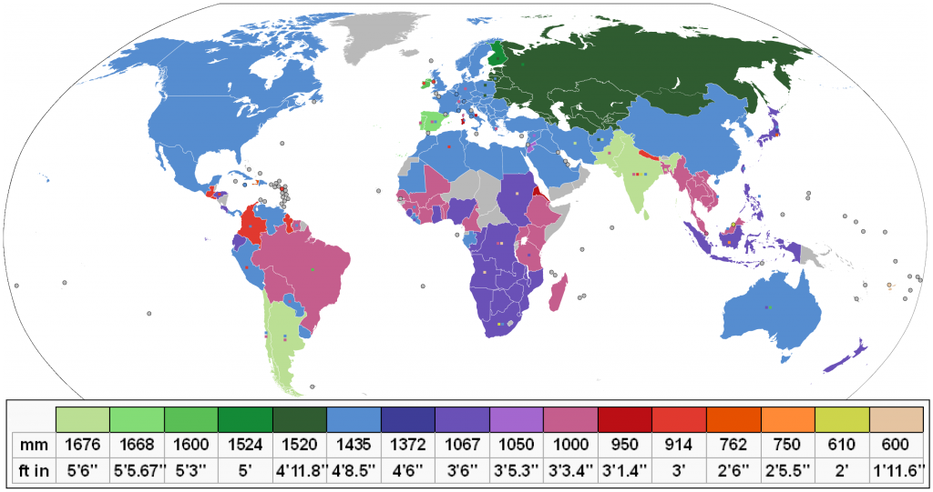 Mapa mundi en el que se puede ver el ancho de vía que emplea cada país. Imagen realizada por DePiep.