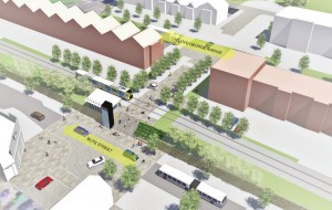 Imagen que recrea cómo se integraría el ferrocarril metropolitano en el centro de Cardiff. Imagen: Gobierno de Cardiff.