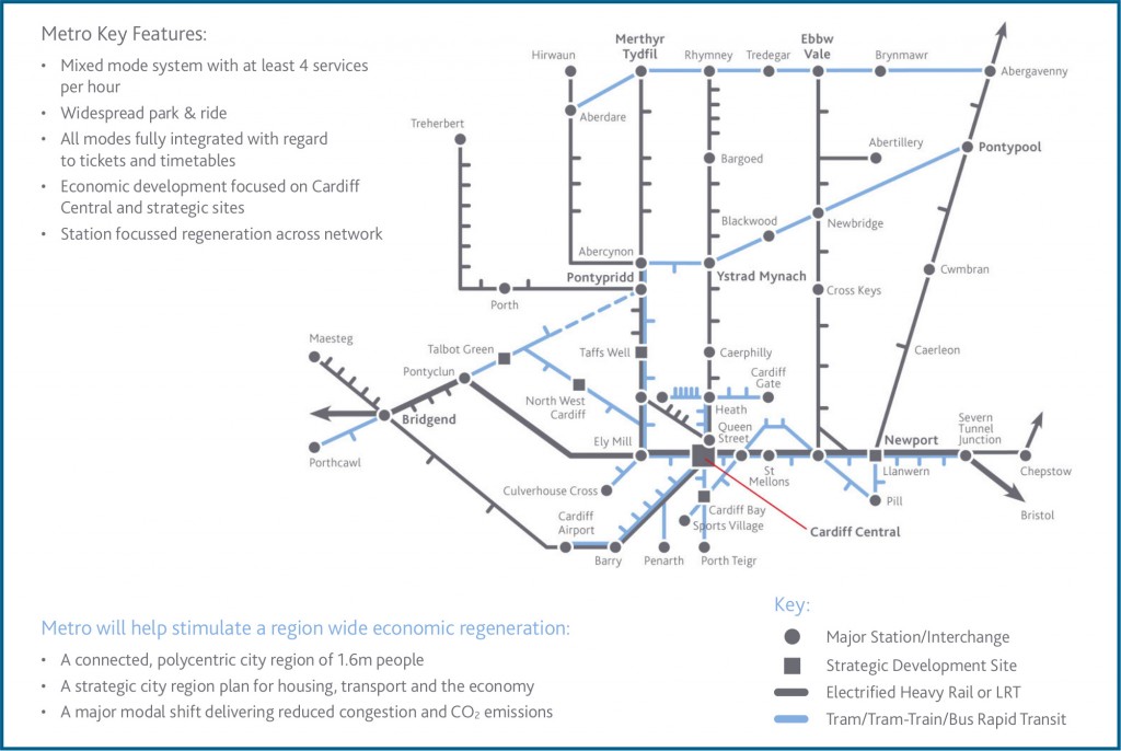 Plano con la propuesta de recorridos del sistema de metro. Imagen: Gobierno de Cardiff.