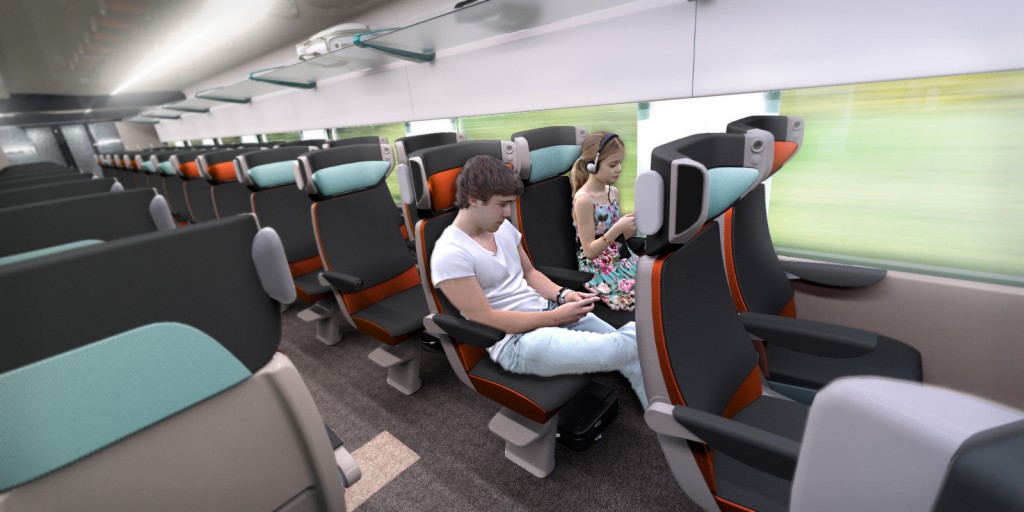 Interior del tren renderizado por ordenador. Imagen © Alstom.