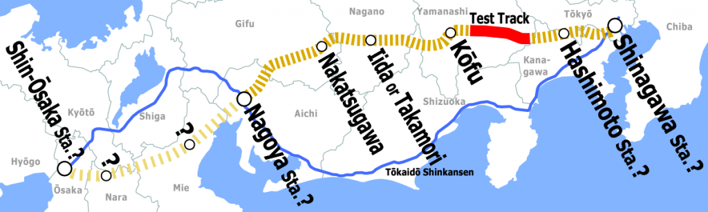 Mapa del Chuo Shinkansen, con su extensión a Osaka. Imagen elaborada por Hisagi.