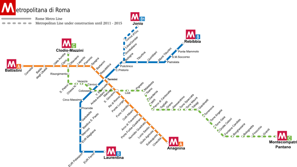 Nuevo mapa del metro de Roma, que incluye el recorrido de la línea C, aún en construcción.