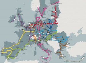 Mapa con los actuales Corredores Europeos de Mercancías.
