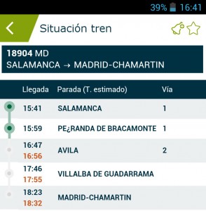 Información de trenes en tiempo real, con el servicio MD 18904 Salamanca-Madrid