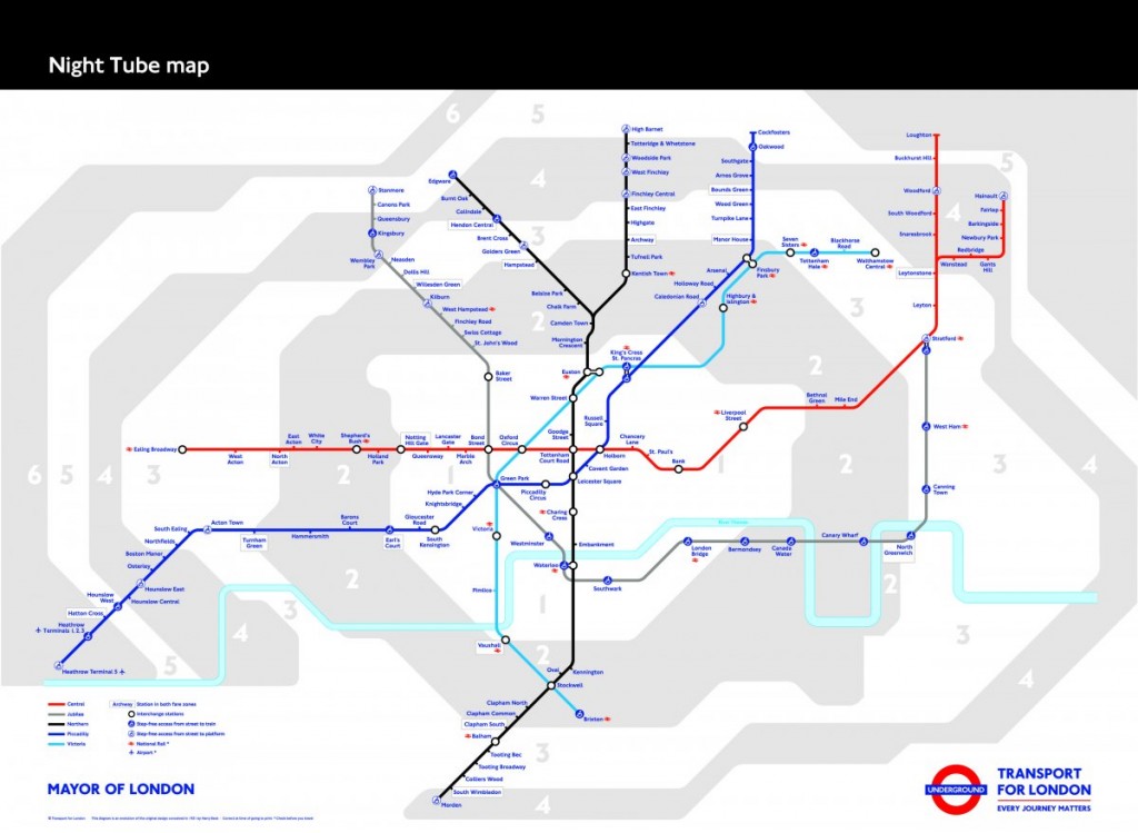 Mapa oficial del Night Tube londinense. Foto: Business Insider.