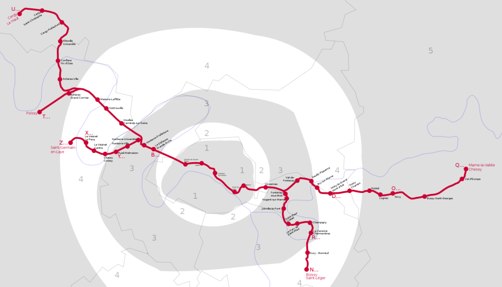 Plano geográfico del RER A, con sus coronas tarifarias, dibujado por Benoit Mortgat.