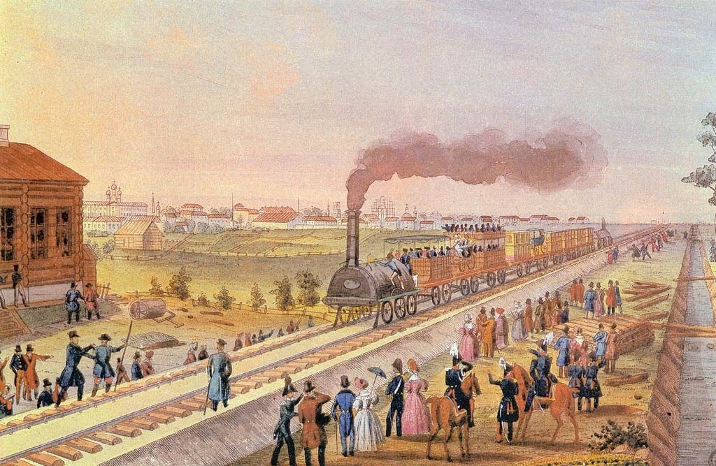 Momento histórico para el ferrocarril en Rusia: la llegada del primer tren a Tsarkoye Seló en 1837. Foto: Nuits blanches a Saint Petersbourg.