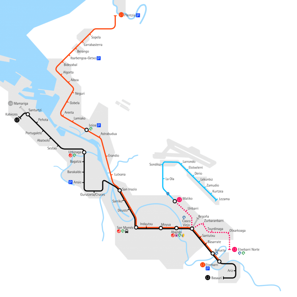 Plano de la red actual de metro con la línea 3 en construcción realizado en base a uno realizado por Laukatu.