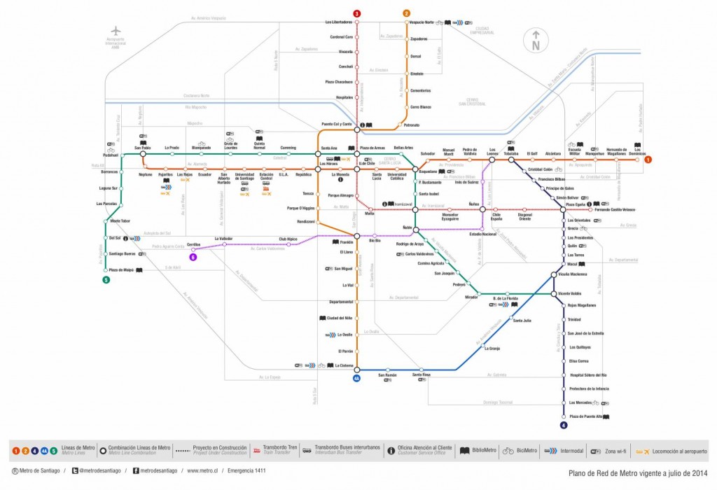 Plano del metro de Santiago de Chile, con las nuevas líneas 3 y 6 en construcción. Imagen: Metro de Santiago.