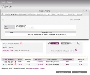 Alerta por obras o incidencias en la infraestructura que se puede observar en la web de Renfe.