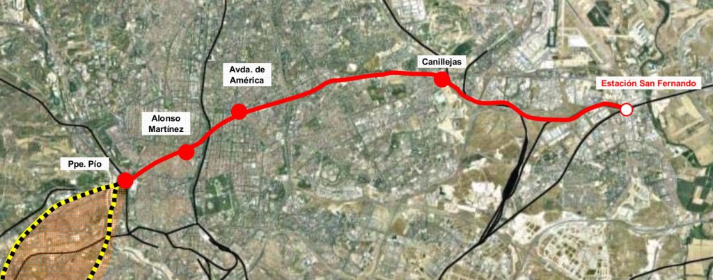Recorrido de la nueva línea transversal San Fernando - Príncipe Pío tal y como se presentó en el plan de Cercanías 2009-2015.