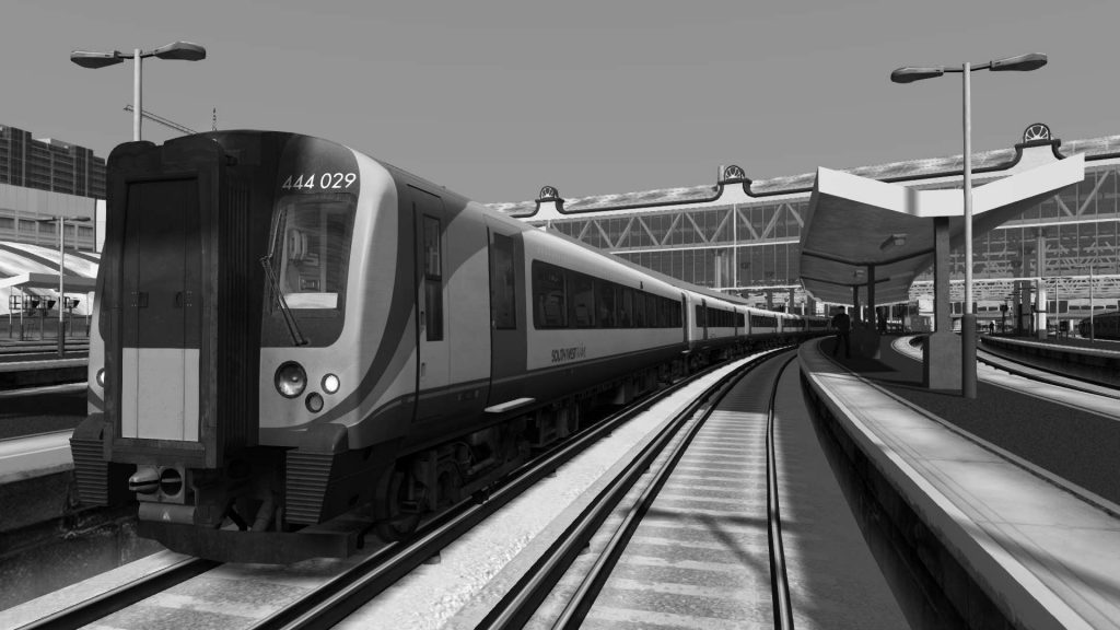 La unidad de la serie 444 estacionada en Waterloo con el efecto blanco y negro de Train Simulator 2020.