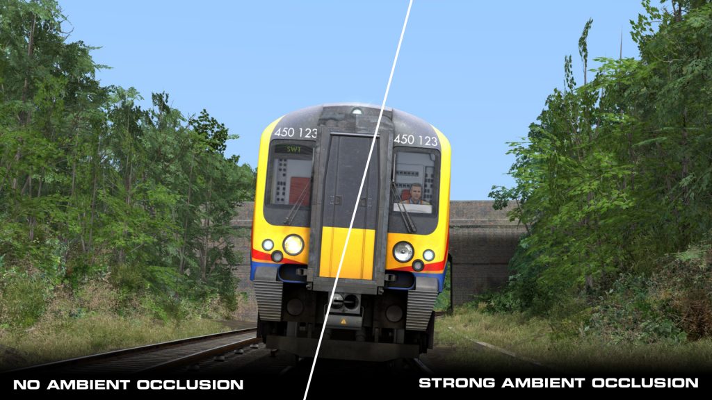 Antes y después de activar el modo de oclusión ambiental en Train Simulator 2020