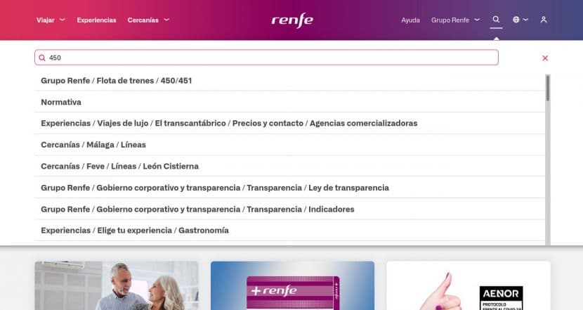 Ejemplo de búsqueda en la nueva web de Renfe con el término 450, los trenes de dos pisos de Cercanías.