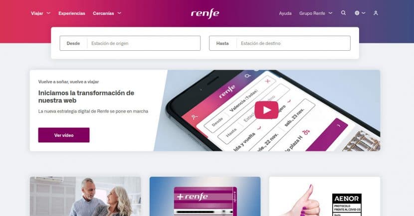 Portada de la nueva web de Renfe