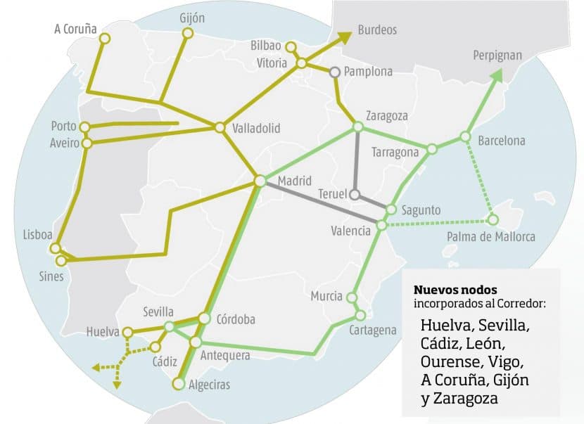 Mapa del Corredor Atlántico (en marrón claro) y del Corredor Mediterráneo (en verde) elaborado por Adif.