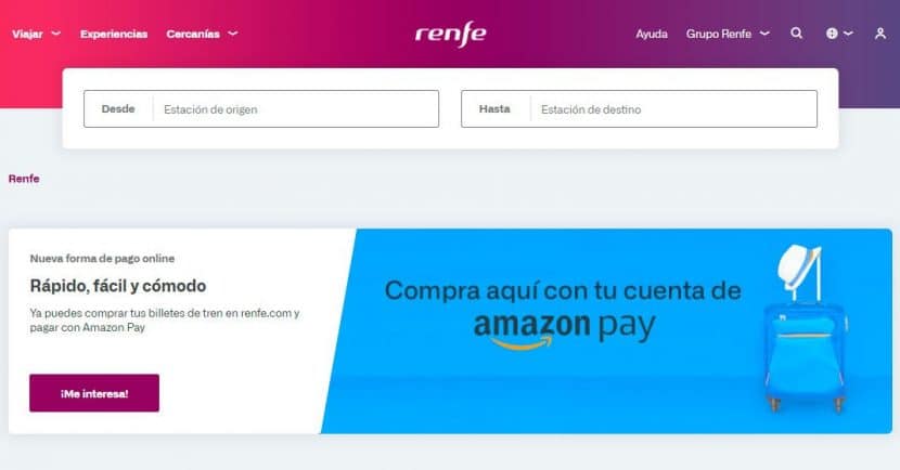 Desde hoy los billetes de Renfe se pueden pagar usando Amazon Pay