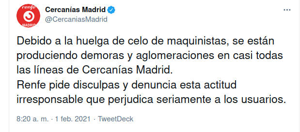 Tweet de Renfe pidiendo disculpas por la huelga de celo de maquinistas de Cercanías en Madrid