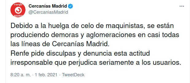 Tweet de Renfe pidiendo disculpas por la huelga de celo de maquinistas de Cercanías en Madrid
