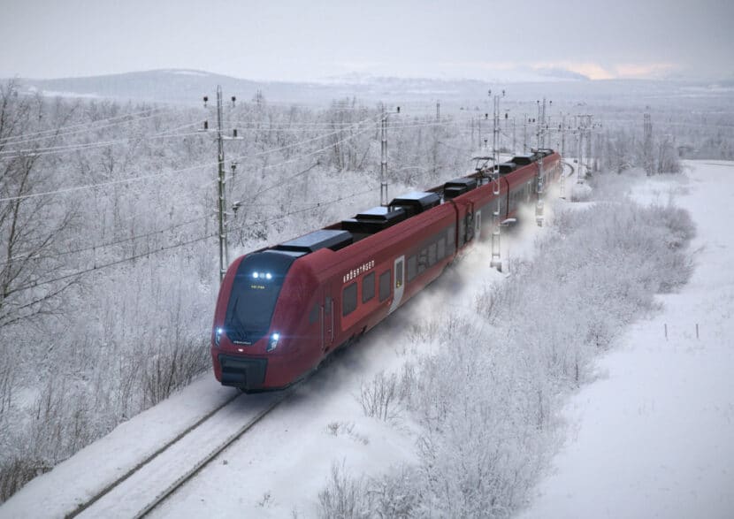 Rénder de un Civity Nordic de CAF con la imagen de Krösatågen circulando en Suecia con nieve. CAF.