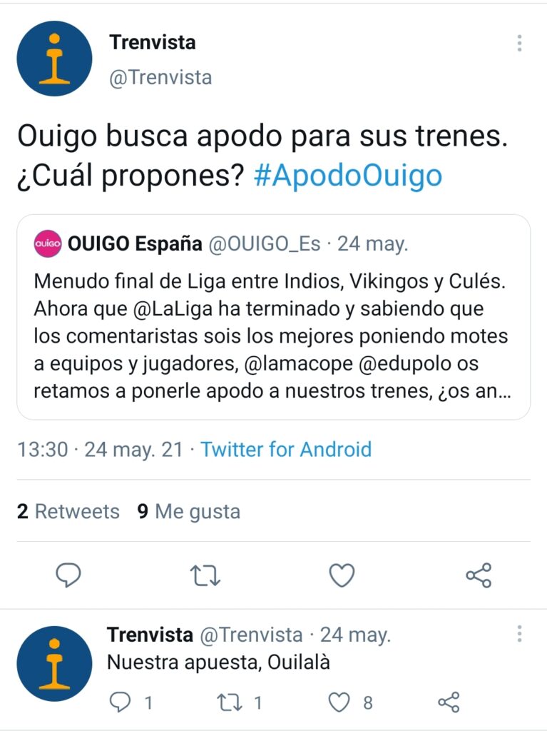 Tuit de Ouigo convocando el concurso para ponerle apodo a sus trenes junto a la propuesta de Trenvista.