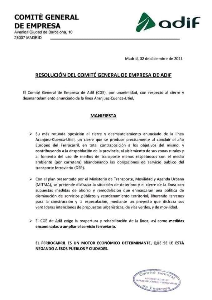 Defensa del ferrocarril convencional Madrid-Cuenca-Valencia realizado por el Comité General de Empresa de Adif tras la presentación del proyecto XCuenca.