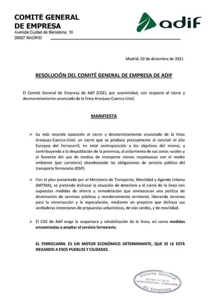 Defensa del ferrocarril convencional Madrid-Cuenca-Valencia realizado por el Comité General de Empresa de Adif tras la presentación del proyecto XCuenca.