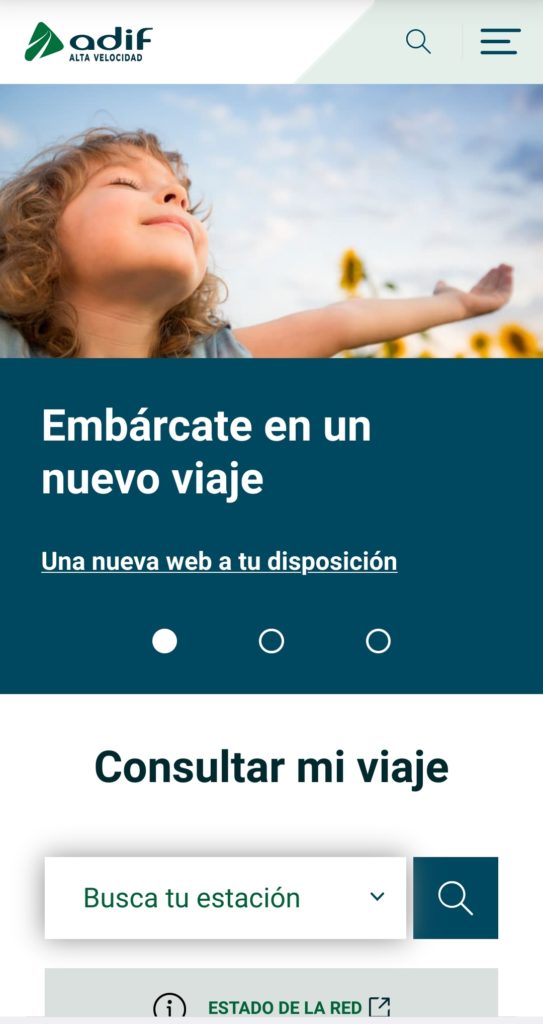 Portada de la nueva web de Adif alta velocidad vista desde el móvil