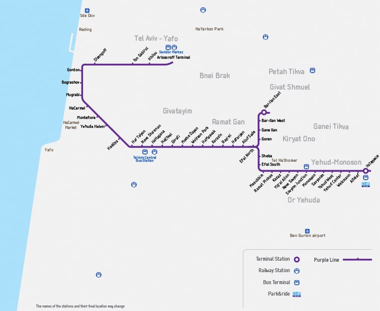 Plano de la Purple Line de Tel Aviv. © NTA.