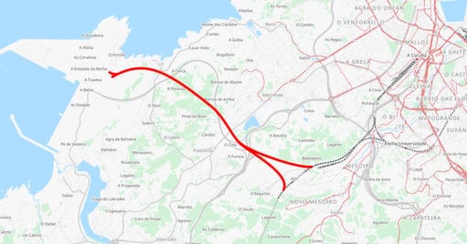 Plano orientativo sobre el trazado del acceso ferroviario al Puerto Exterior de La Coruña basado en OpenStreetMap.