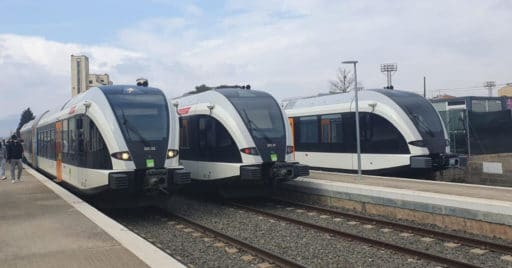 Los tres trenes Stadler GTW de FGC juntos en Balaguer por primera vez. GOVERN.CAT