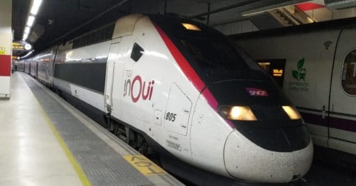 TGV París-Barcelona estacionado en Barcelona Sants junto a un tren de Renfe. MIGUEL BUSTOS.
