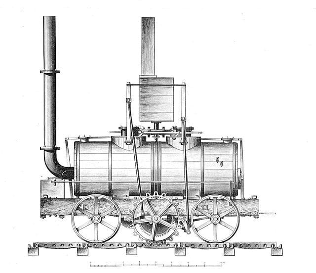 Grabado de la locomotora de vapor "Salamanca", la primera que se usó en servicio comercial.