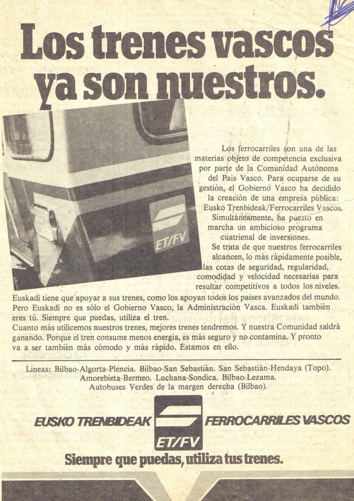 Anuncio en la prensa de la época celebrando la creación de Euskotren.