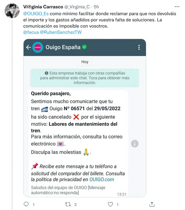 Captura de pantalla del mensaje enviado por Ouigo a los viajeros afectados a través de WhatsApp