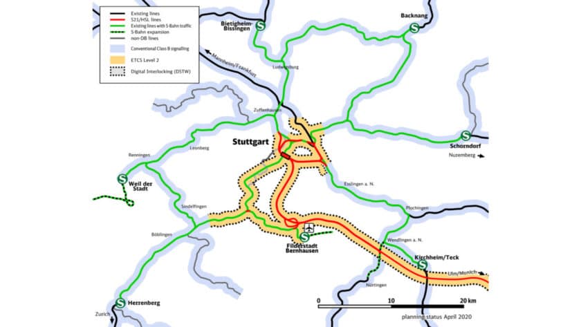 Plano de la red que en 2025 estrenará el proyecto DKS, con los tramos afectados con fondo amarillo. © Deutsche Bahn