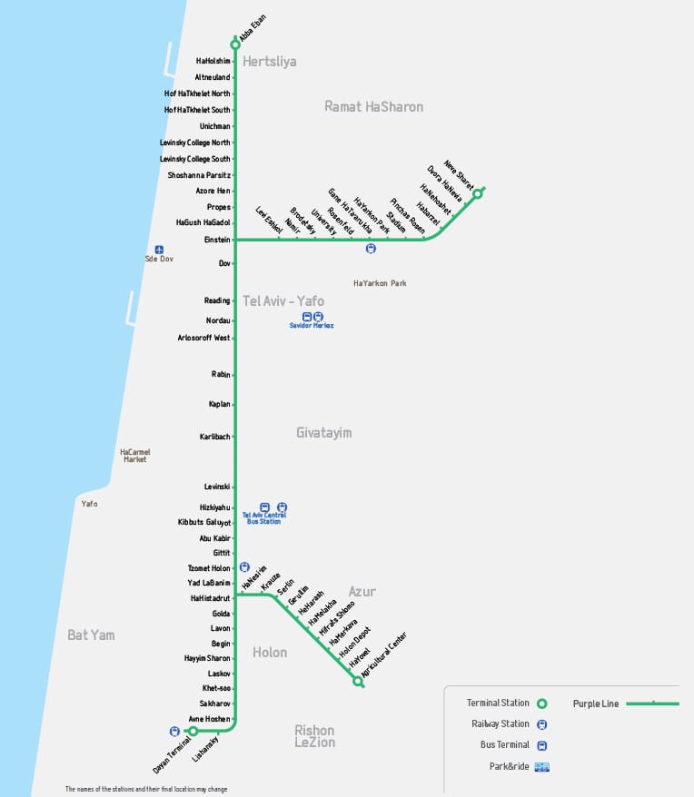 Plano esquemático de la Green Line de Tel Aviv. © NTA.