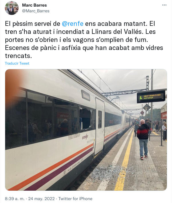 Tuit de Marc Barres sobre la avería de un tren en Llinars.