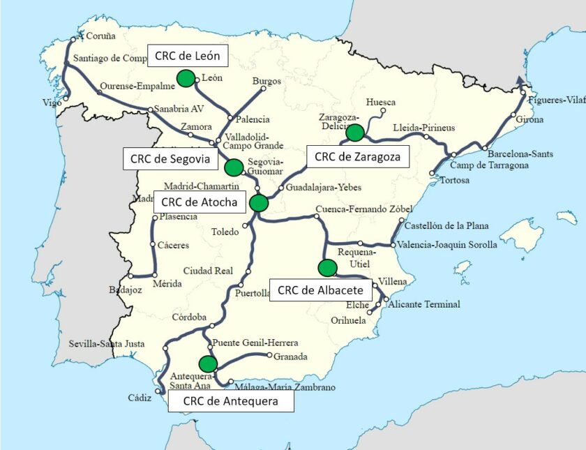 Mapa con los seis CRC de Adif que disponen de DaVinci. MIGUEL MELGAREJO.