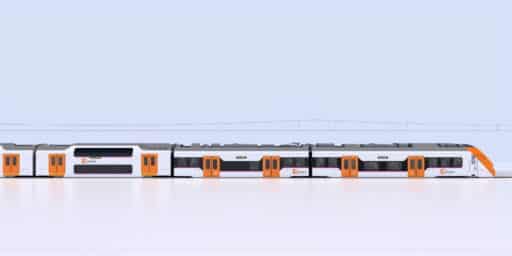Lateral del tren con los colores de Rodalies. © ALSTOM-RENFE.