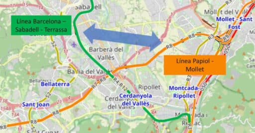 zona sobre la que se va a desarrollar el estudio informativo para unir las líneas r3 y r8 de rodalies de barcelona. © mitma