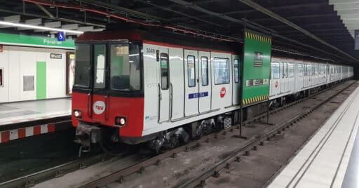 Barcelona Metro 3000 class train at Para·lel station. 9PM.