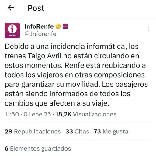 Aviso InfoRenfe en X.