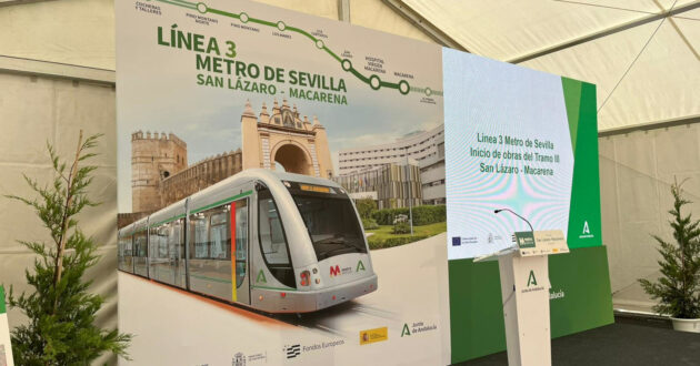 Signage for the event marking the start of work on section III of line 3 of the Seville metro. MINISTRY OF TRANSPORT AND SUSTAINABLE MOBILITY.