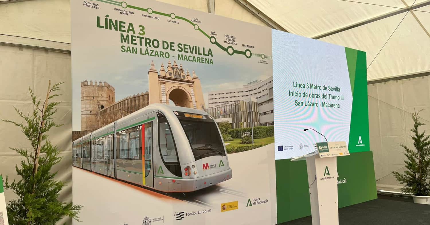 Cartelería del evento de inicio de las obras del tramo III de la línea 3 del metro de Sevilla. © MINISTERIO DE TRANSPORTES Y MOVILIDAD SOSTENIBLE.