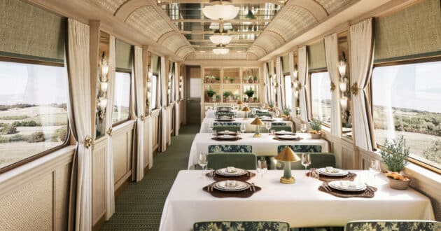 Interior of the Britannic Explorer dining car. © BELMOND.