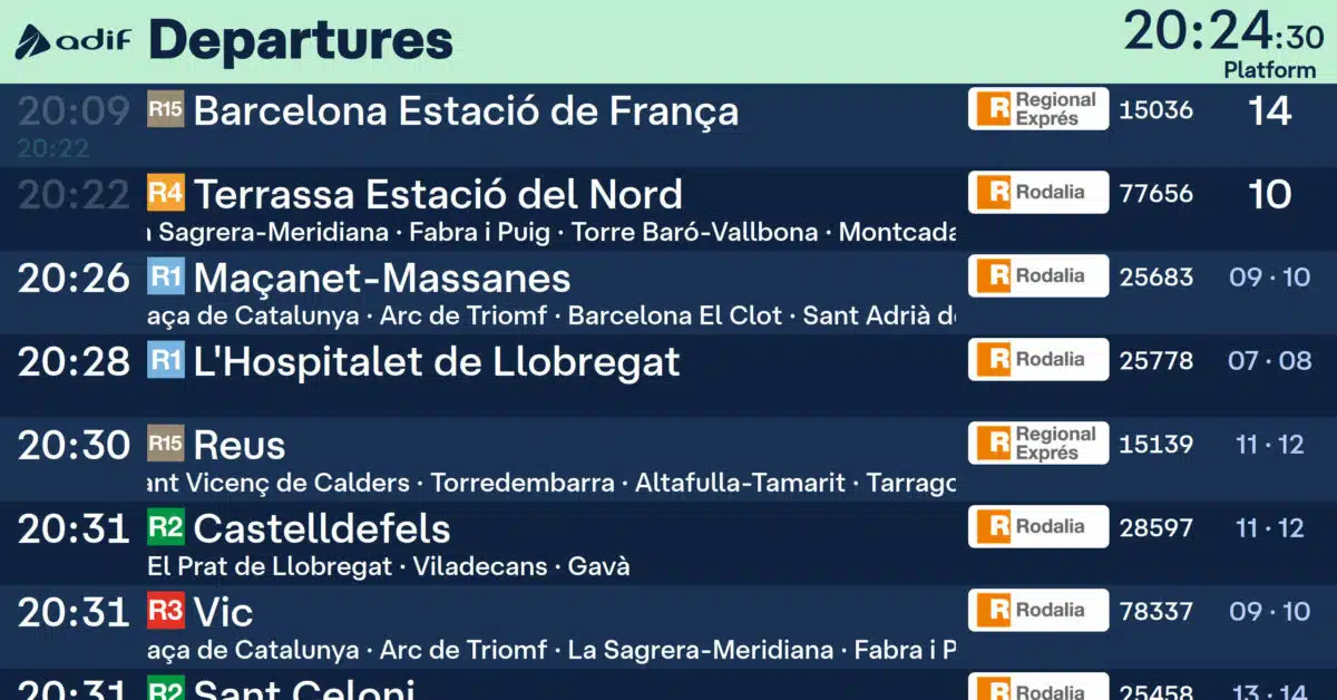 Image of the virtual departures panel at Barcelona Sants station.